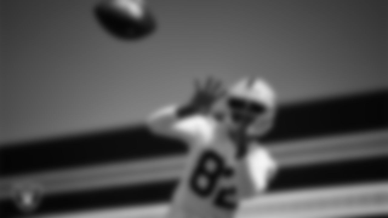 Las Vegas Raiders wide receiver Zakhari Franklin (82) at day one of 2025 Rookie Minicamp at Intermountain Health Performance Center.