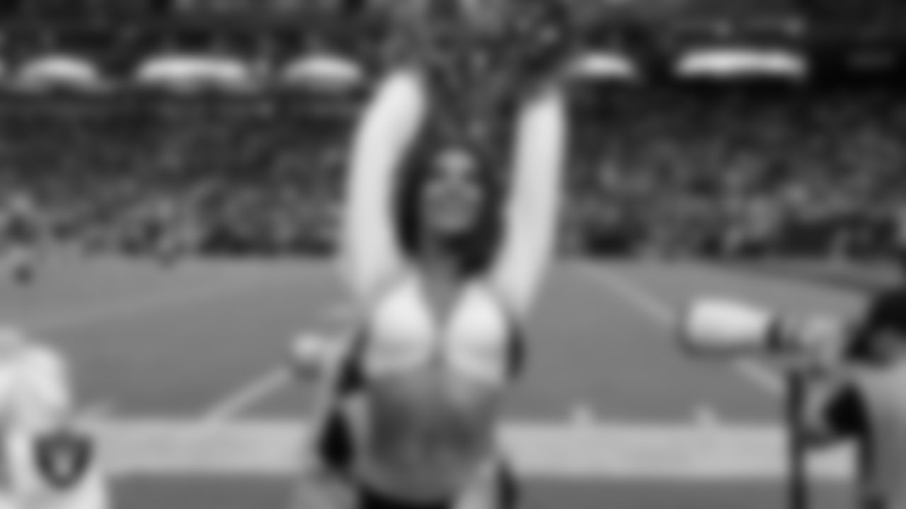 Raiderette Ashtin on the sidelines during the regular season home game against the Los Angeles Chargers at Allegiant Stadium.