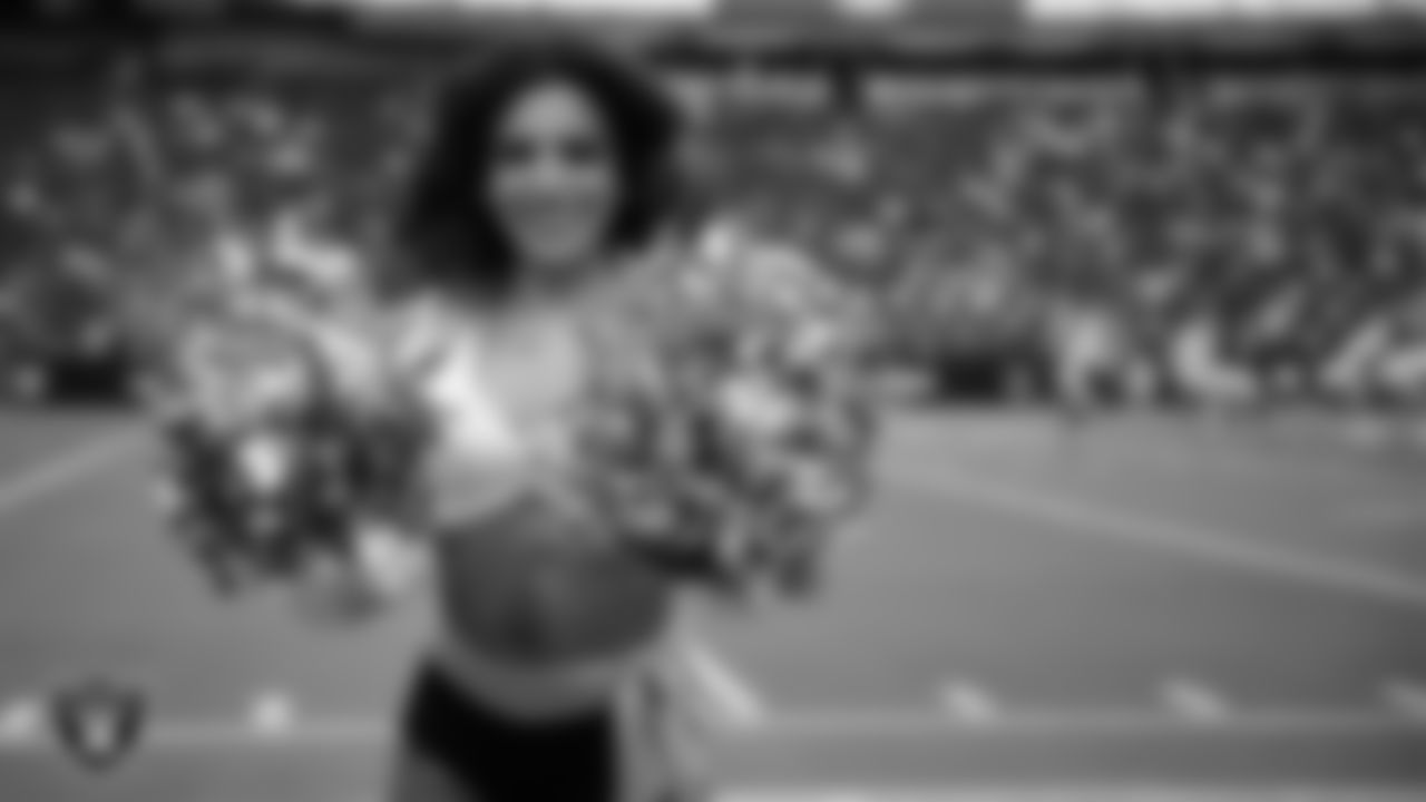 Raiderette Annalise performs on the sidelines during a 2025 Training Camp mock game at Allegiant Stadium.