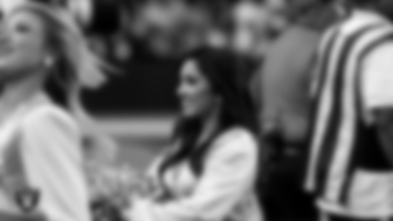 Raiderette Tatiana on the sidelines during the regular season home game against the Denver Broncos at Allegiant Stadium.
