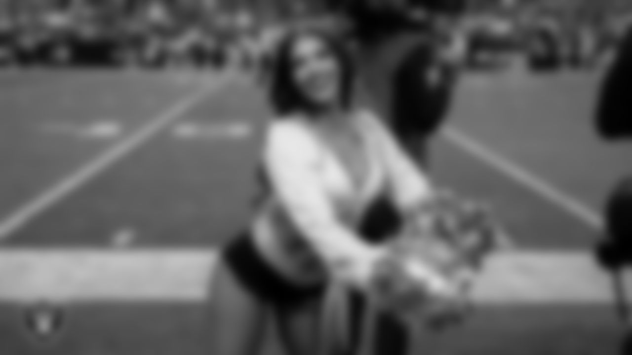 Raiderette Ashtin on the sidelines during the regular season home game against the New York Giants at Allegiant Stadium.