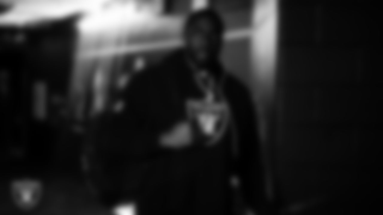 Las Vegas Raiders tackle DJ Glaze (71) arrives to the regular season home game against the Kansas City Chiefs at Allegiant Stadium.