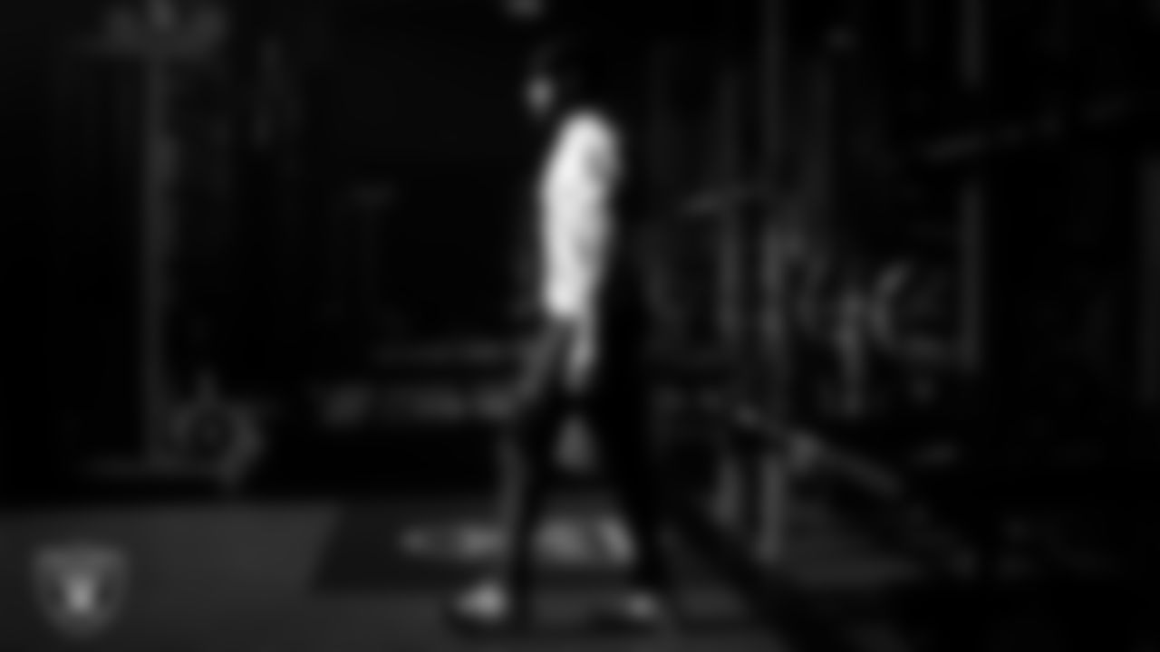 Las Vegas Raiders safety Jeremy Chinn (11) in the weight room during practice at Intermountain Health Performance Center.