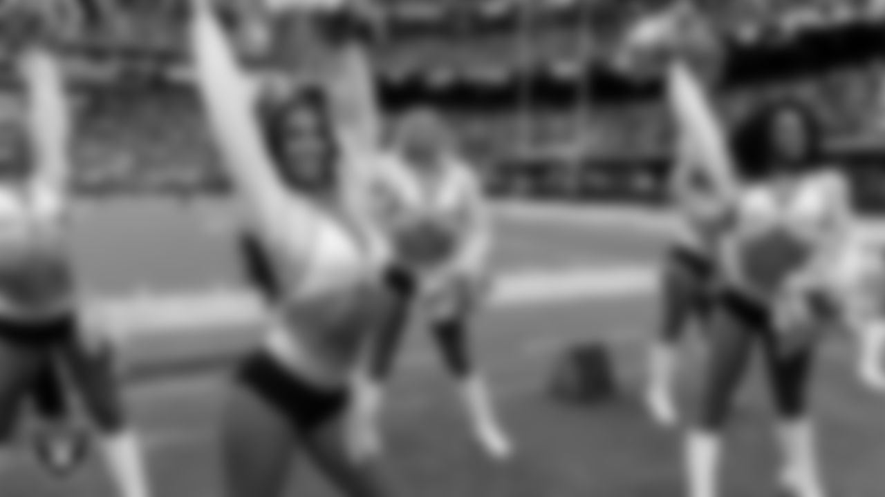 Raiderette Raegen on the sidelines during the preseason home game against the San Francisco 49ers at Allegiant Stadium.