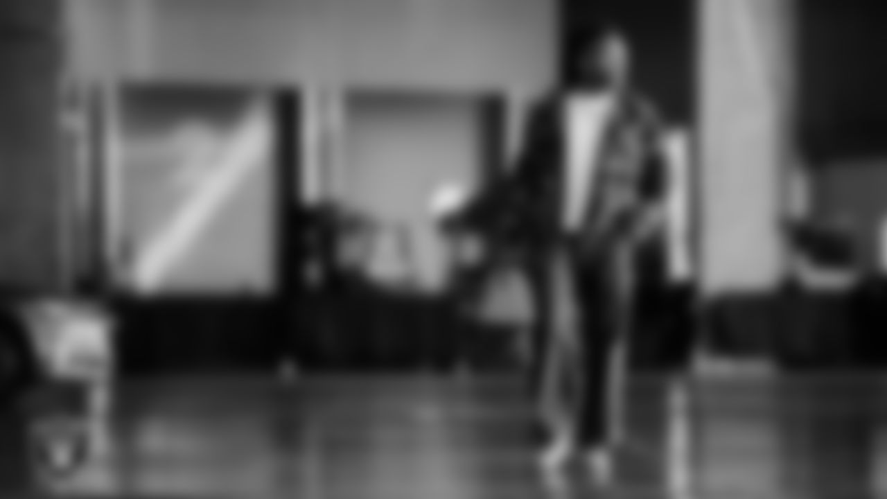 Las Vegas Raiders wide receiver Tre Tucker (1) arrives to the regular season home game against the Cleveland Browns at Allegiant Stadium.