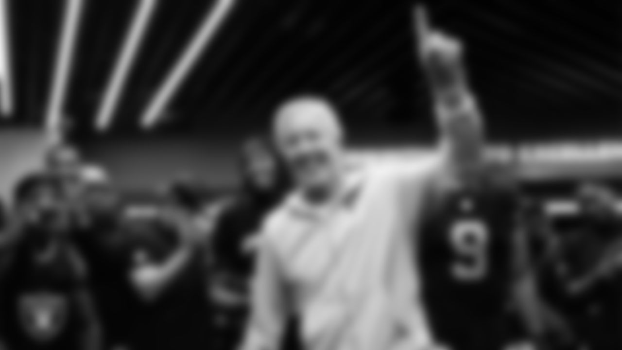 Las Vegas Raiders Head Coach Pete Carroll addresses his players in the locker room after the regular season home game against the Kansas City Chiefs at Allegiant Stadium.