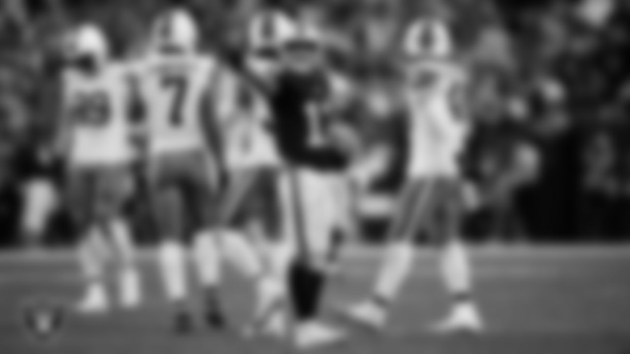 Las Vegas Raiders wide receiver Tyler Lockett (17) celebrates after making a first down during the regular season home game against the Cleveland Browns at Allegiant Stadium.