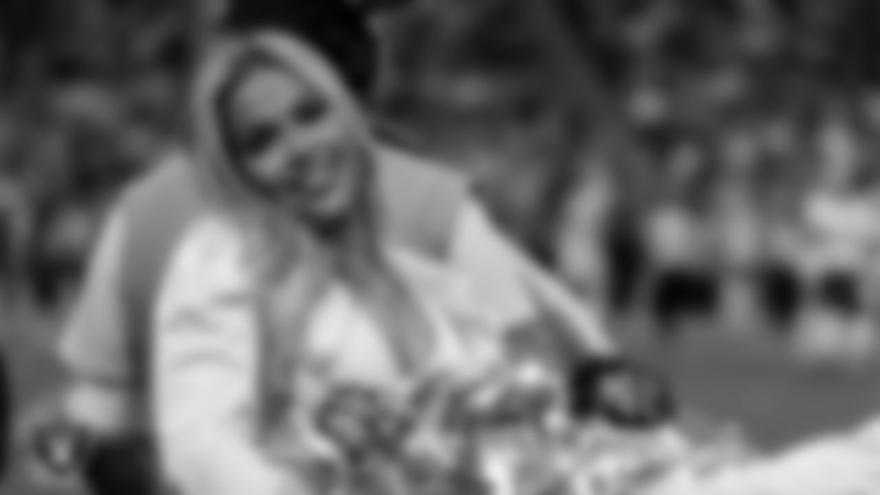 Raiderette Devyn on the sidelines during the regular season home game against the Kansas City Chiefs at Allegiant Stadium.