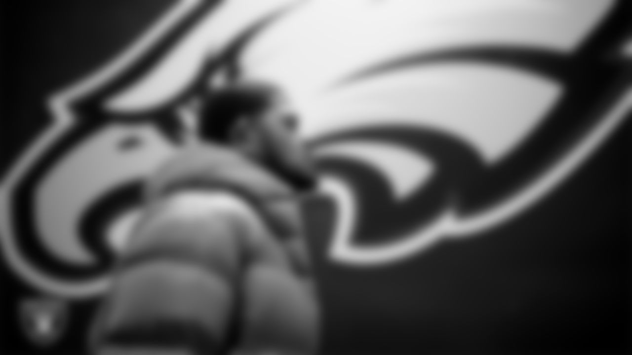 Las Vegas Raiders defensive tackle Jonah Laulu (96) arrives to the regular season away game against the Philadelphia Eagles at Lincoln Financial Field.