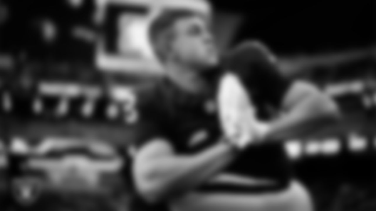 Las Vegas Raiders wide receiver Jack Bech (18) warming up before the regular season home game against the Denver Broncos at Allegiant Stadium.