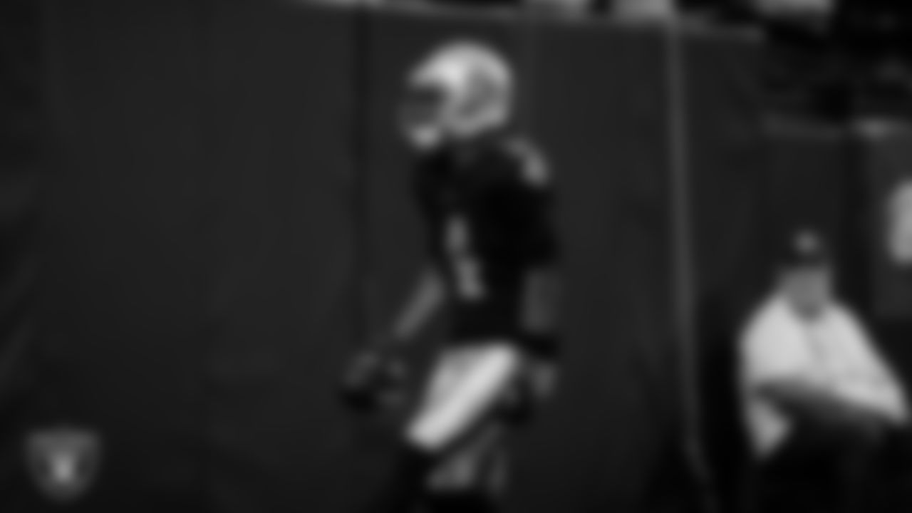 Las Vegas Raiders wide receiver Shedrick Jackson (4) celebrates after making a 25-yard touchdown catch during the regular season home game against the Denver Broncos at Allegiant Stadium.