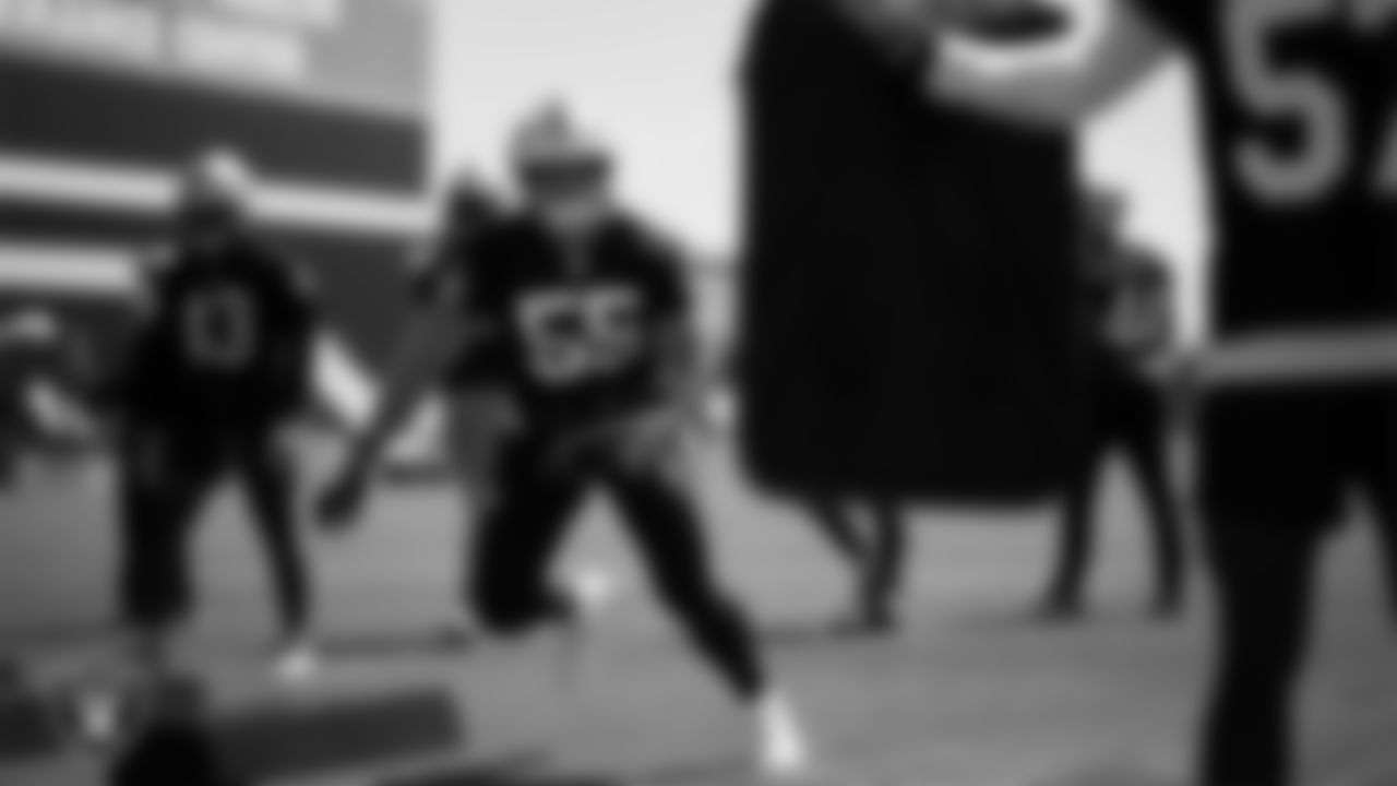 Las Vegas Raiders linebacker Cody Lindenberg (55) at an Organized Team Activity (OTA) at Intermountain Health Performance Center.
