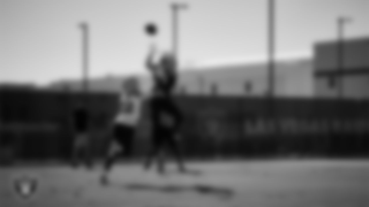 Las Vegas Raiders cornerback Eric Stokes (22) and wide receiver Alex Bachman (81) during practice at Intermountain Health Performance Center.