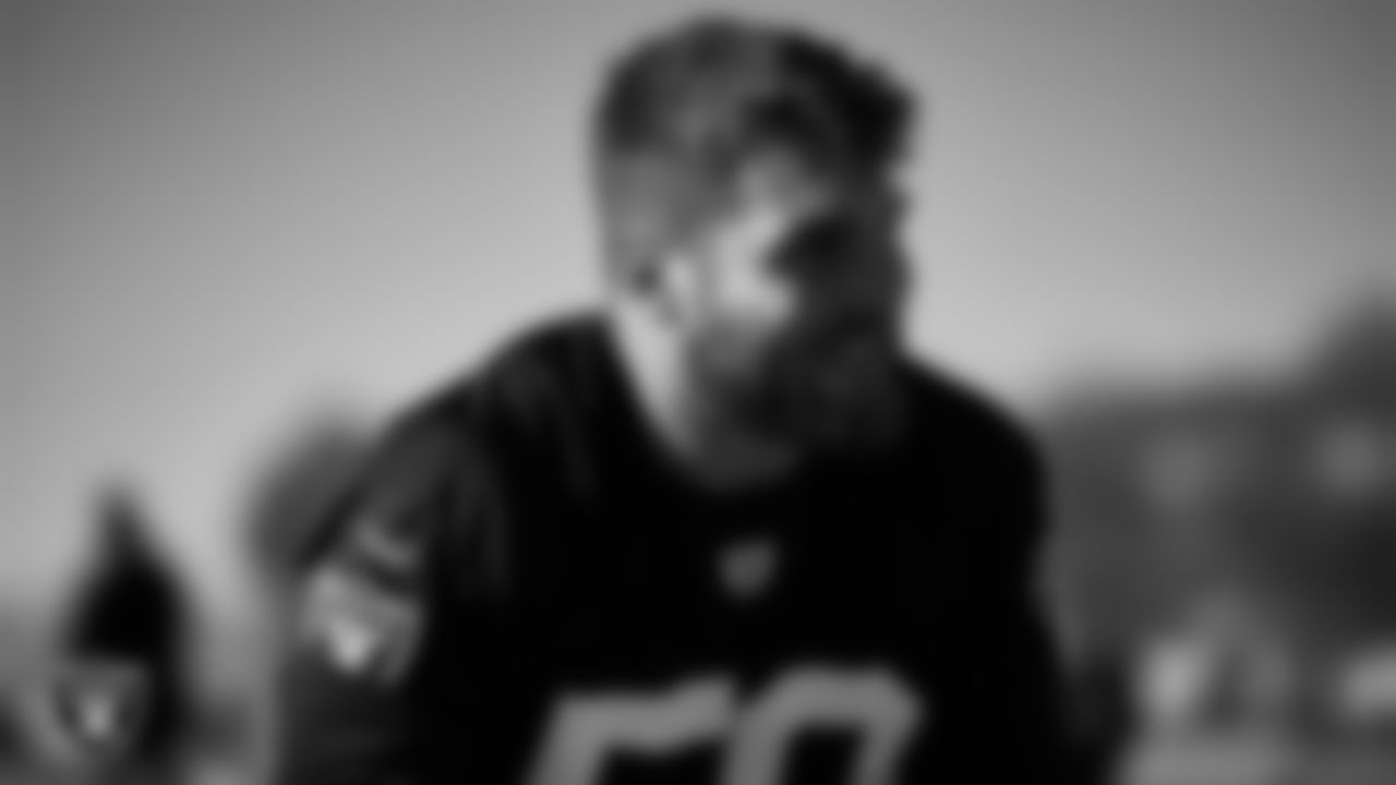 Las Vegas Raiders linebacker Jon Rhattigan (59) during practice at Intermountain Health Performance Center.