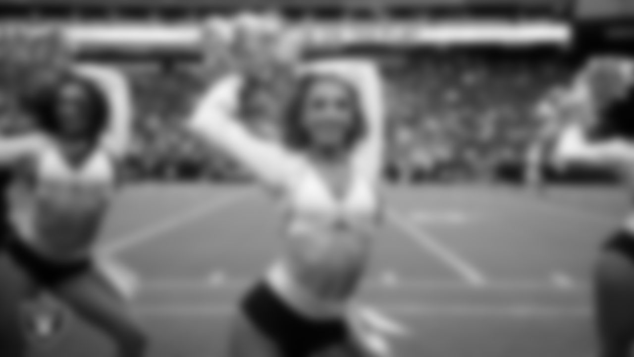 Raiderette Hayley performs on the sidelines during a 2025 Training Camp mock game at Allegiant Stadium.