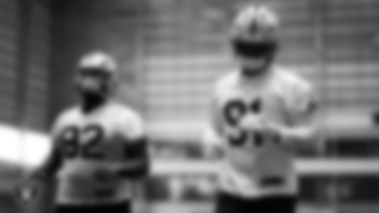 Las Vegas Raiders defensive end Jahfari Harvey (91) during practice at Intermountain Health Performance Center.