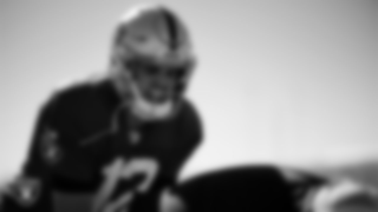 Las Vegas Raiders quarterback Aidan O'Connell (12) during practice at Intermountain Health Performance Center.