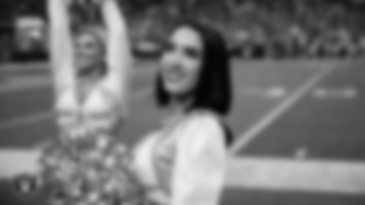 Raiderette Kylie on the sidelines during the regular season home game against the New York Giants at Allegiant Stadium.