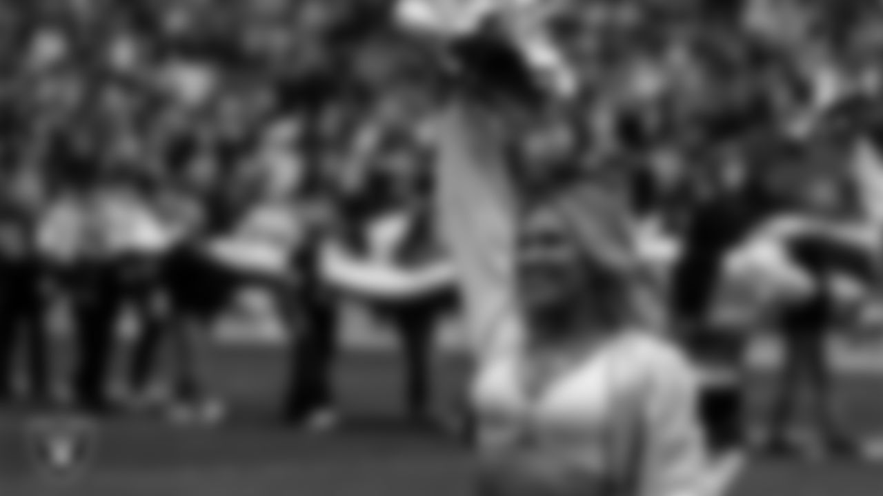 Raiderette Ali during player introductions before the regular season home game against the Kansas City Chiefs at Allegiant Stadium.