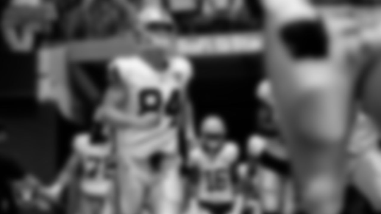 Las Vegas Raiders tight end Harrison Bryant (84) as the team is introduced onto the field before their regular season away game against the Los Angeles Chargers at SoFi Stadium.