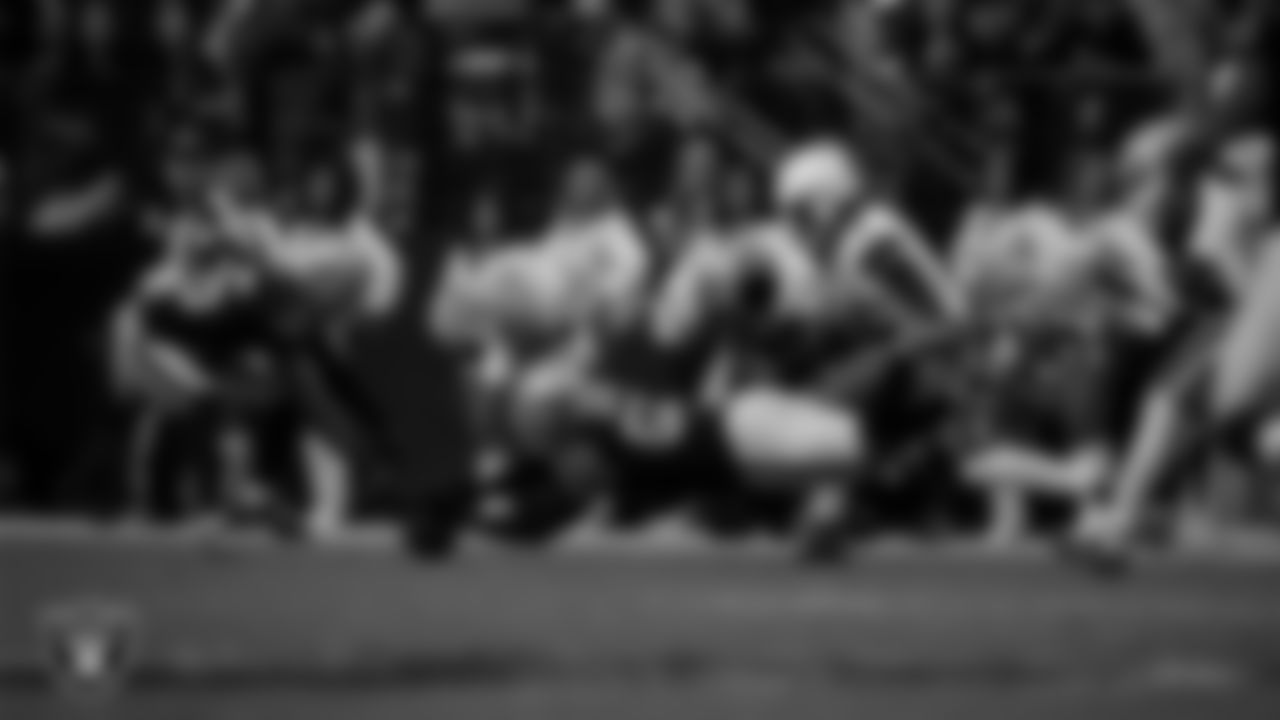 Las Vegas Raiders cornerback Kyu Blu Kelly (36) and linebacker Elandon Roberts (52) go to recover a fumble during the regular season home game against the Cleveland Browns at Allegiant Stadium.