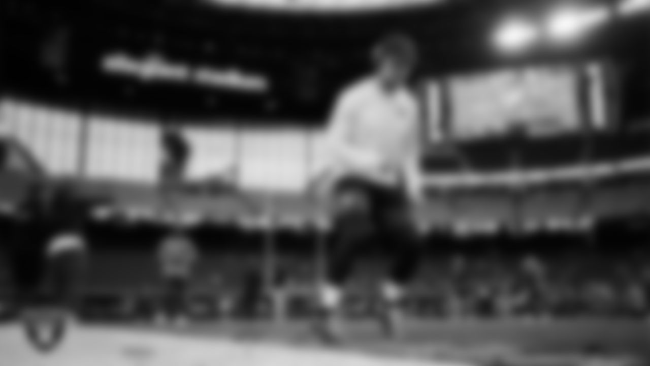 Las Vegas Raiders running back Dylan Laube (23) warming up before the regular season home game against the Denver Broncos at Allegiant Stadium.