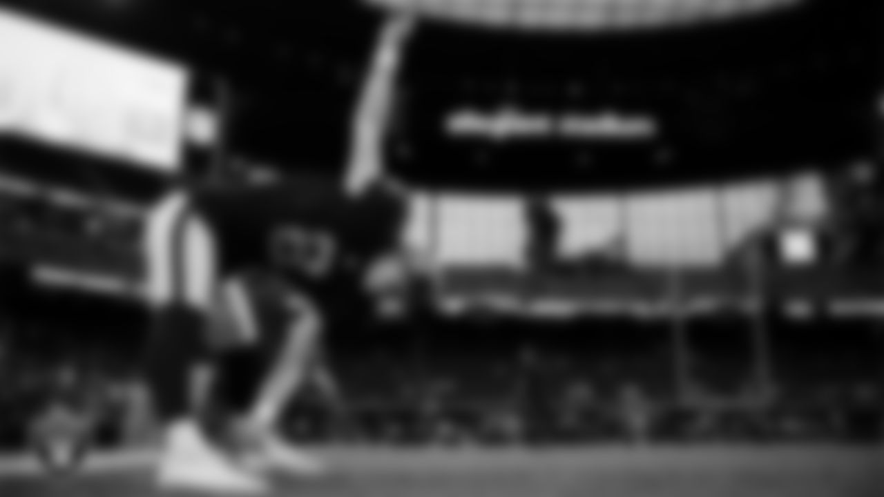 Las Vegas Raiders kicker Daniel Carlson (8) warming up before the regular season home game against the Dallas Cowboys at Allegiant Stadium.