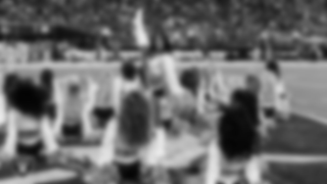 Raiderette Amanda performs on the field before the regular season home game against the Los Angeles Chargers at Allegiant Stadium.