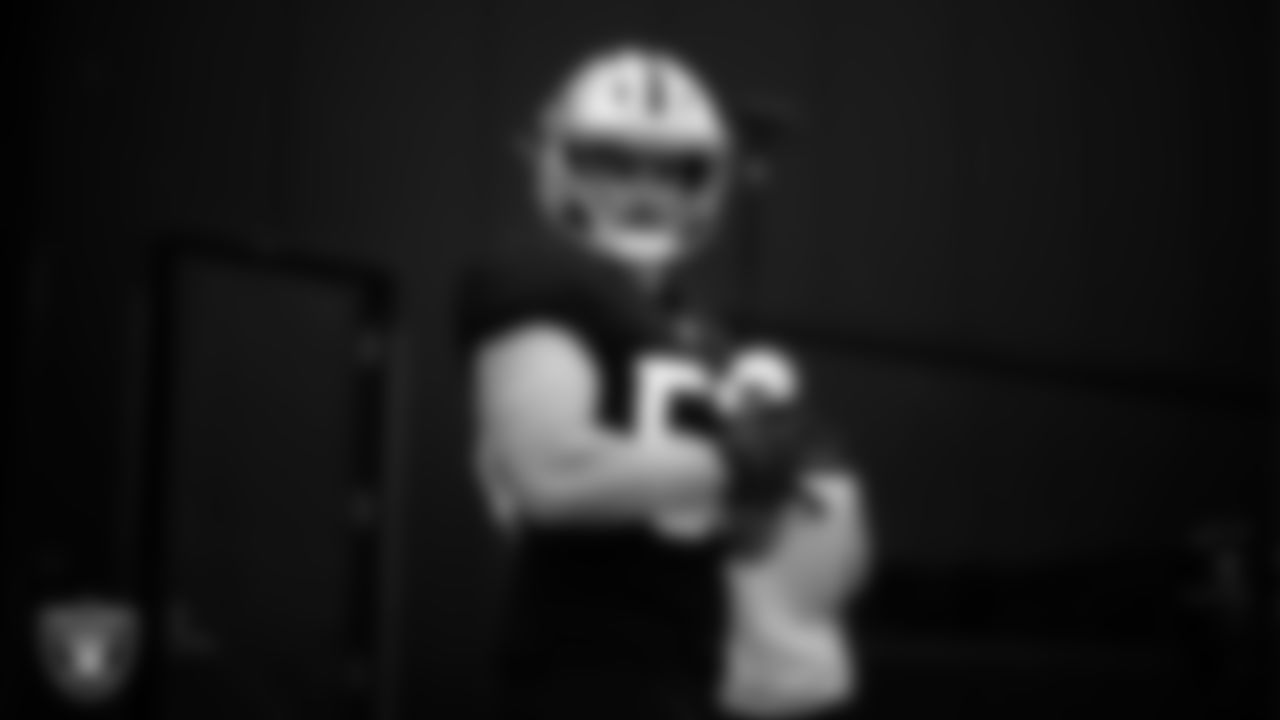 Las Vegas Raiders long snapper Jacob Bobenmoyer (50) walks out to the field for practice at Intermountain Health Performance Center.