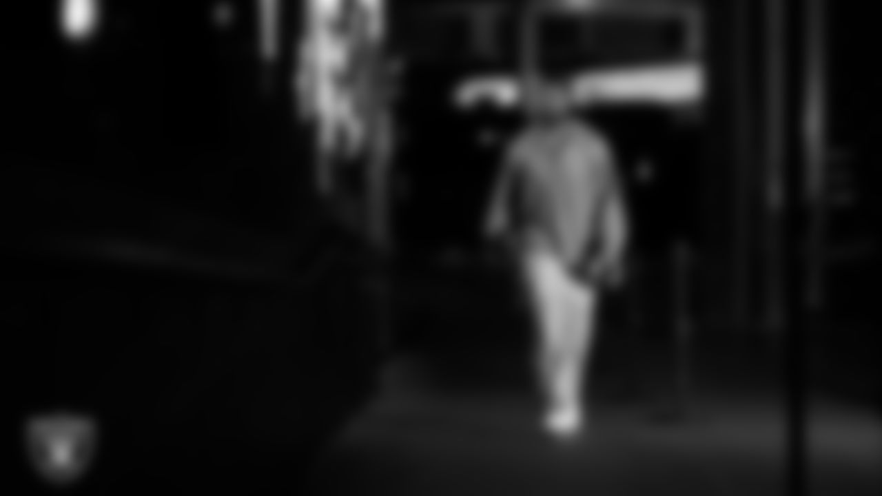 Las Vegas Raiders safety Jeremy Chinn (11) arrives to the regular season home game against the Jacksonville Jaguars at Allegiant Stadium.