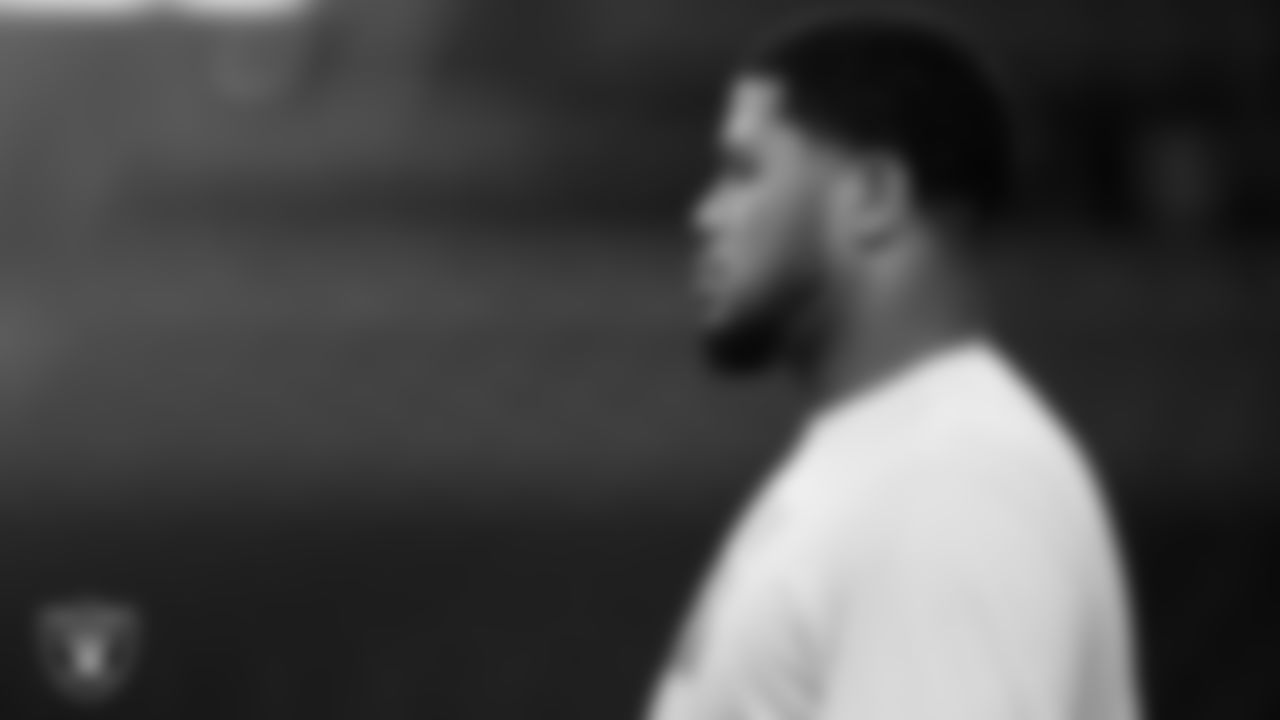 Las Vegas Raiders defensive tackle Jonah Laulu (96) warming up before the regular season away game against the Denver Broncos at Empower Field at Mile High.