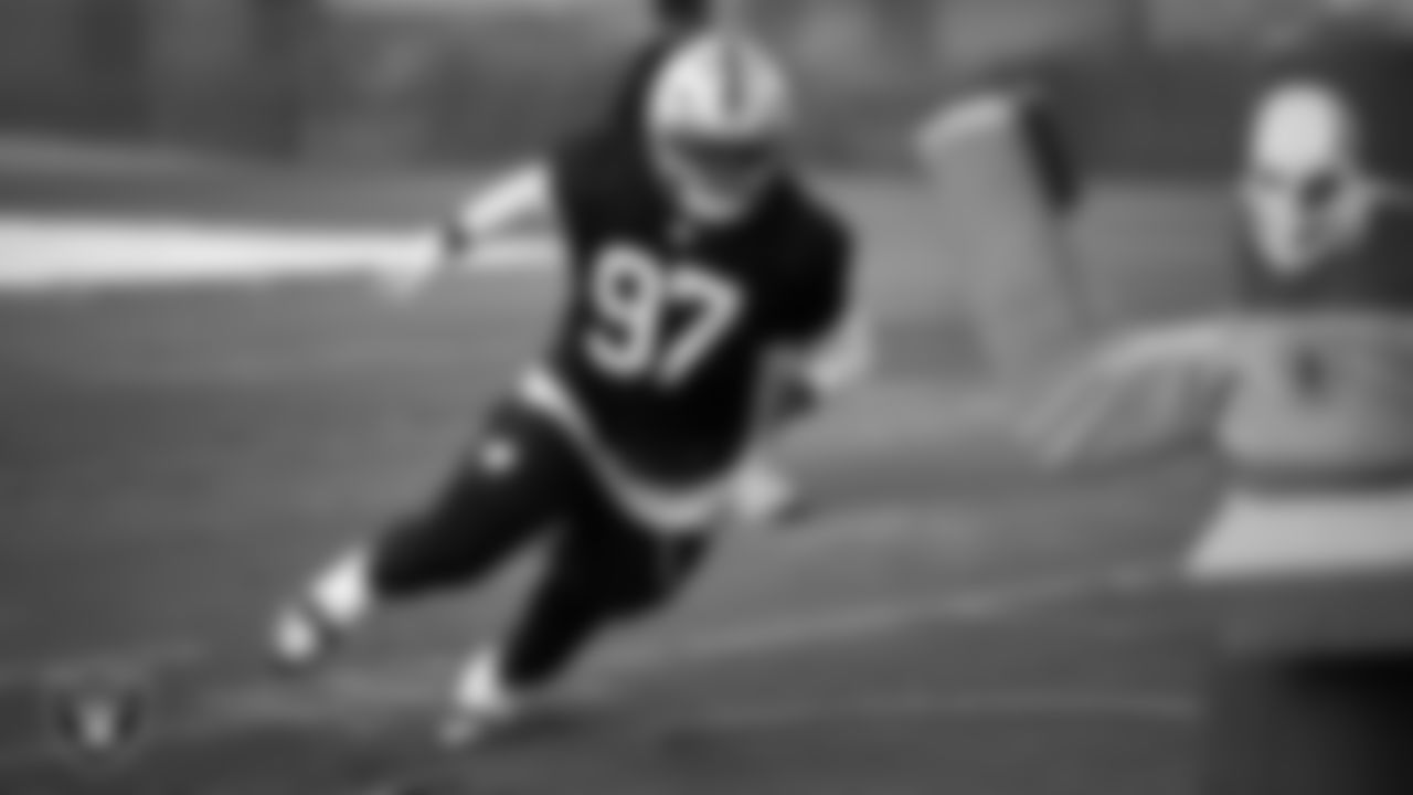 Las Vegas Raiders defensive tackle Tonka Hemingway (97) during practice at Intermountain Health Performance Center.