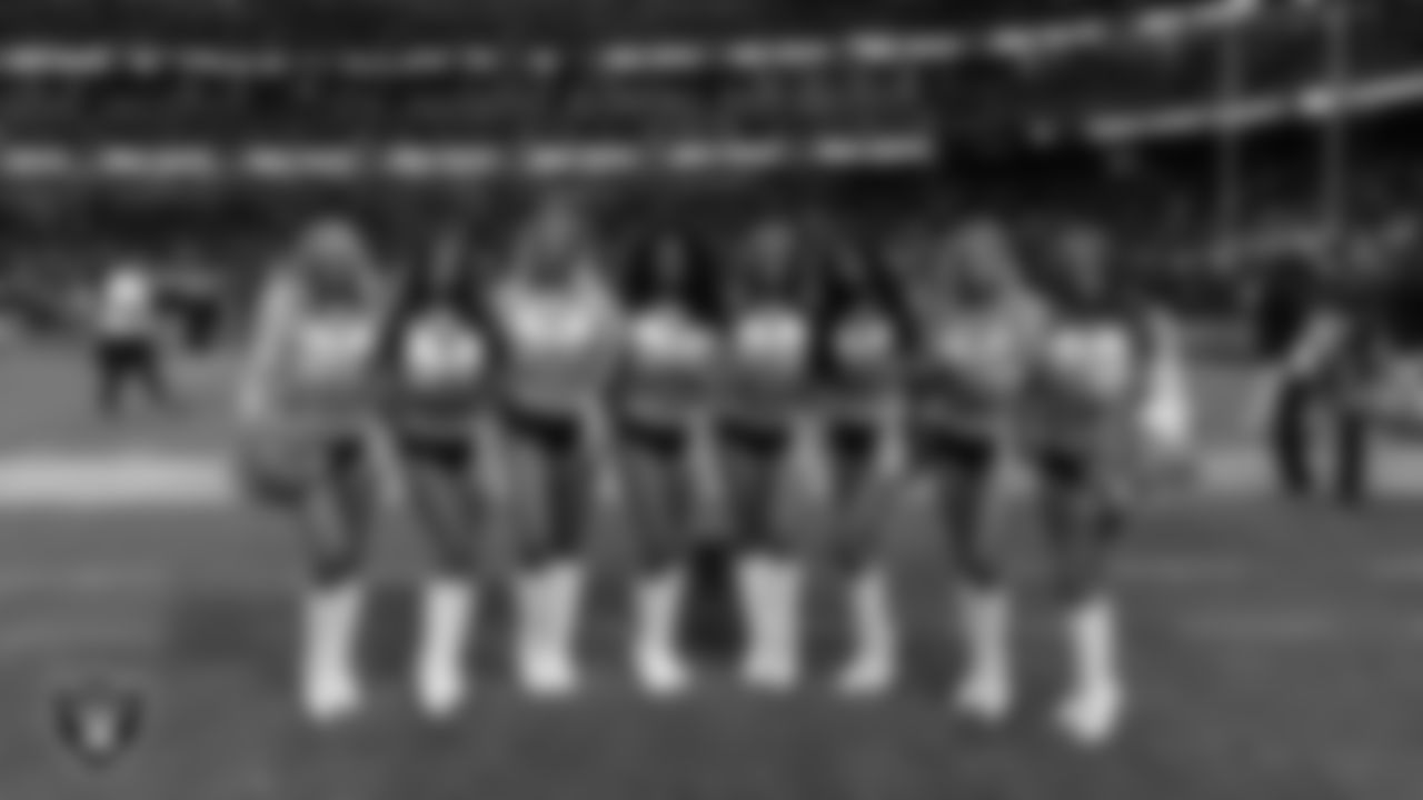 Line 4 of the Raiderettes on the sidelines during the regular season home game against the Los Angeles Chargers at Allegiant Stadium.