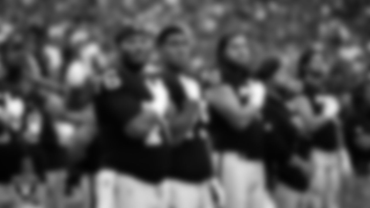 Las Vegas Raiders guard Caleb Rogers (76) during the national anthem before the preseason home game against the San Francisco 49ers at Allegiant Stadium.