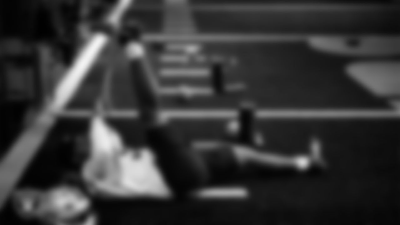 Las Vegas Raiders defensive end Jahfari Harvey (91) in the weight room during practice at Intermountain Health Performance Center.