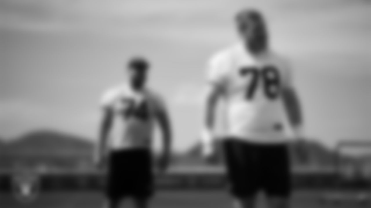 Las Vegas Raiders tackle Dalton Wagner (78) at a workout during phase two of the offseason program at Intermountain Health Performance Center.