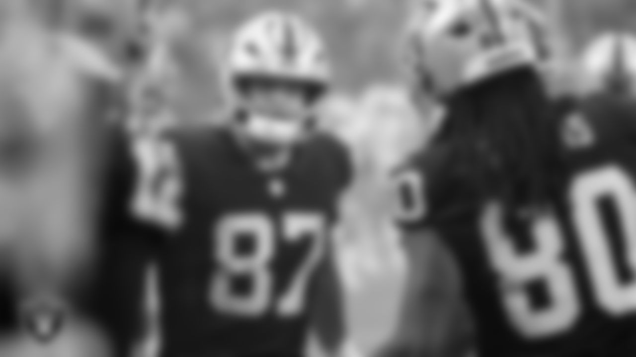 Las Vegas Raiders tight end Michael Mayer (87) is introduced onto the field before the regular season home game against the Cleveland Browns at Allegiant Stadium.