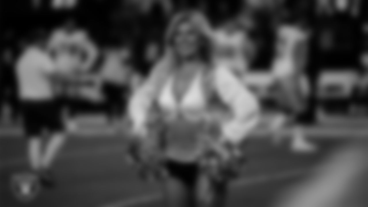Raiderette Isabella during player introductions before the regular season home game against the Dallas Cowboys at Allegiant Stadium.