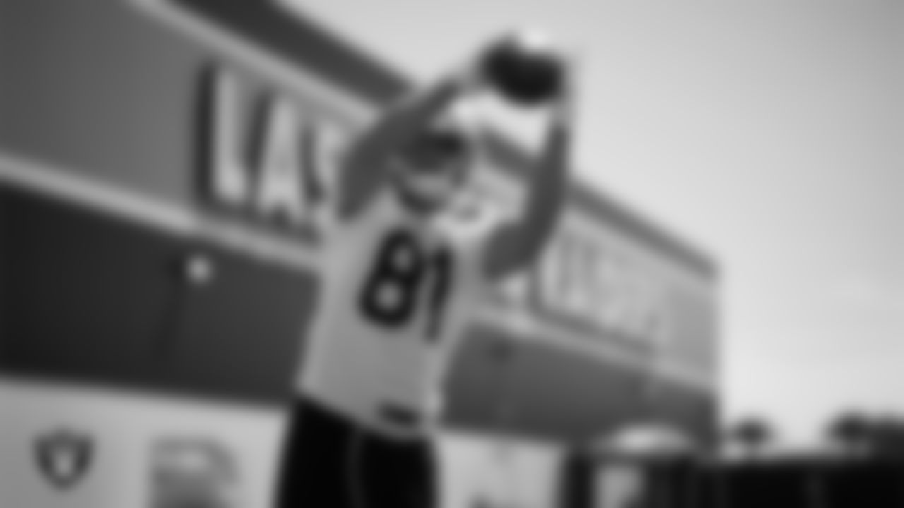 Las Vegas Raiders wide receiver Alex Bachman (81) at an Organized Team Activity (OTA) at Intermountain Health Performance Center.