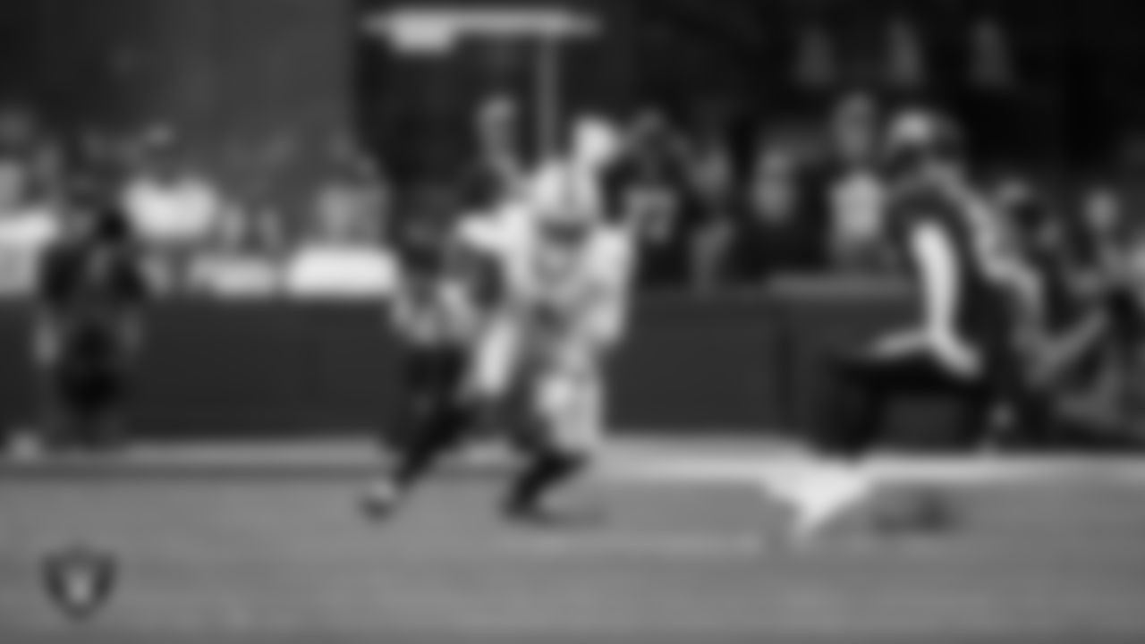 Las Vegas Raiders wide receiver Tre Tucker (1) runs after making a catch during the regular season away game against the Los Angeles Chargers at SoFi Stadium.