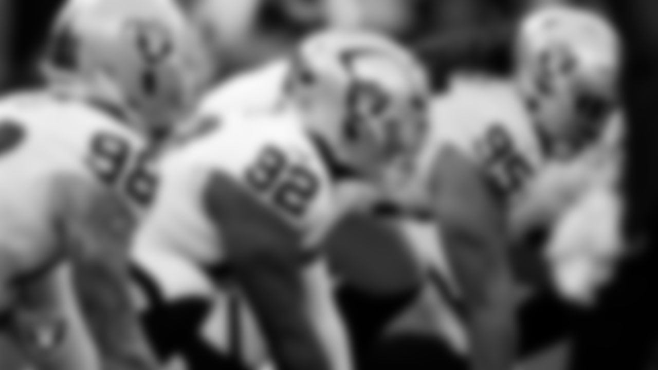 Las Vegas Raiders defensive tackle JJ Pegues (92) lines up before the snap during the regular season away game against the Los Angeles Chargers at SoFi Stadium.