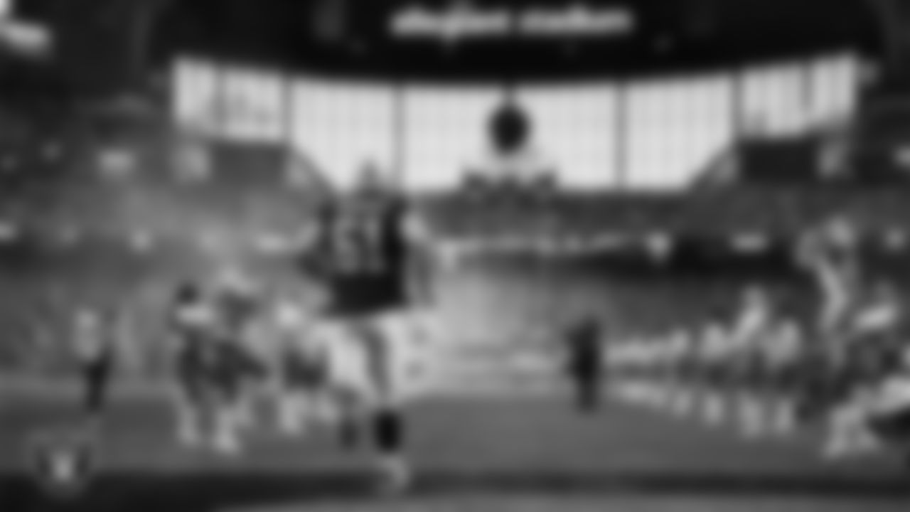 Las Vegas Raiders center/guard Jordan Meredith (61) is introduced onto the field before the regular season home game against the Jacksonville Jaguars at Allegiant Stadium.