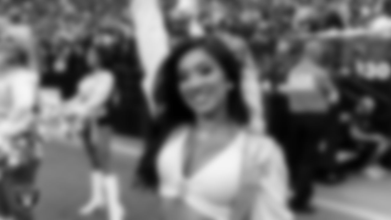 Raiderette Tatiana on the sidelines during the preseason home game against the San Francisco 49ers at Allegiant Stadium.