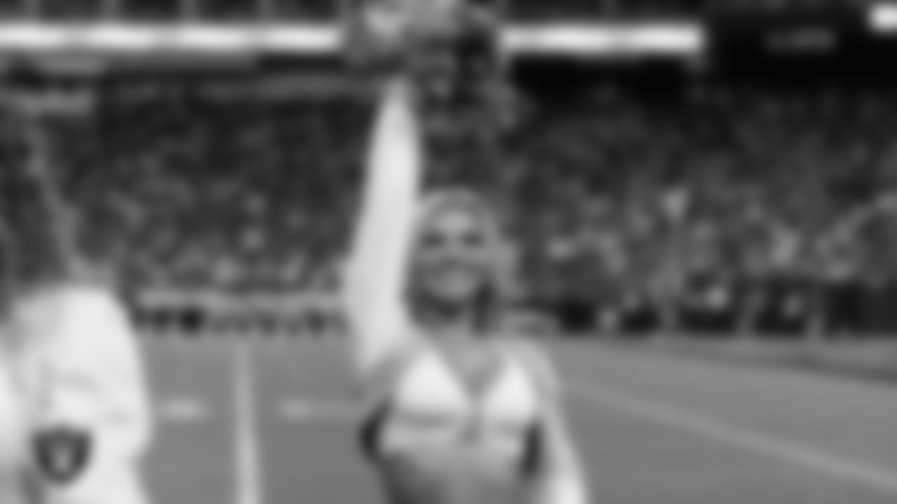 Raiderette Ali on the sidelines during the regular season home game against the Los Angeles Chargers at Allegiant Stadium.