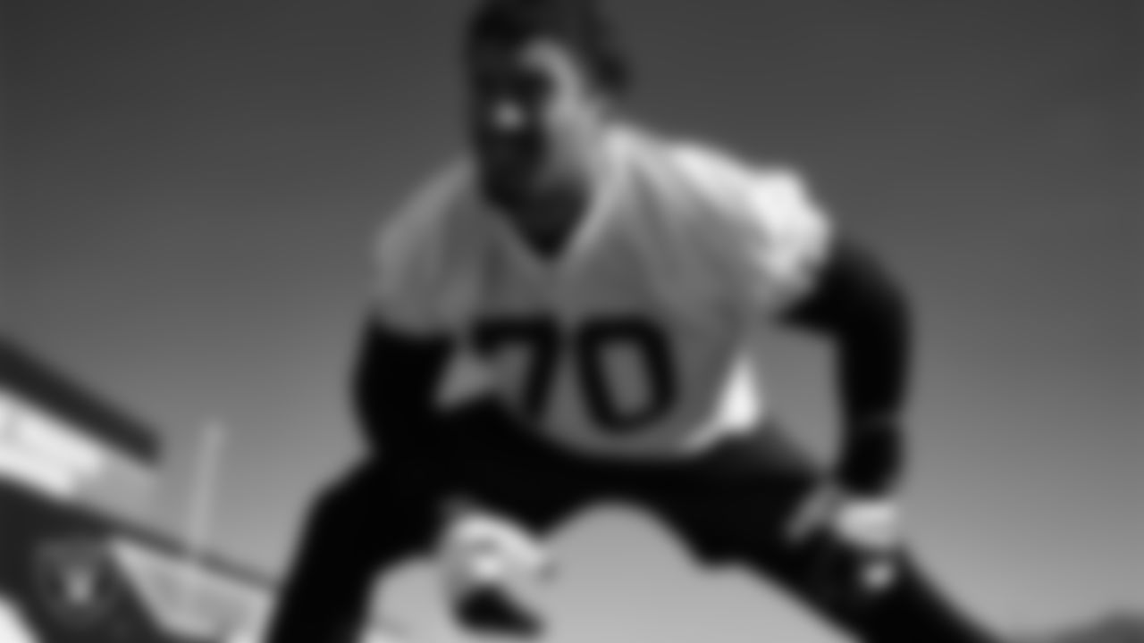 Las Vegas Raiders offensive lineman Stone Forsythe (70) during practice at Intermountain Health Performance Center.
