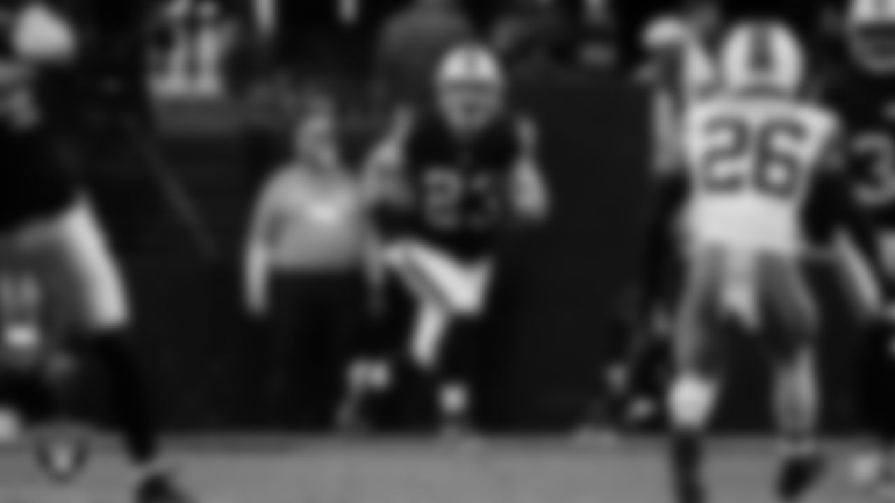 Las Vegas Raiders running back Dylan Laube (23) returns a kickoff during the regular season home game against the Cleveland Browns at Allegiant Stadium.