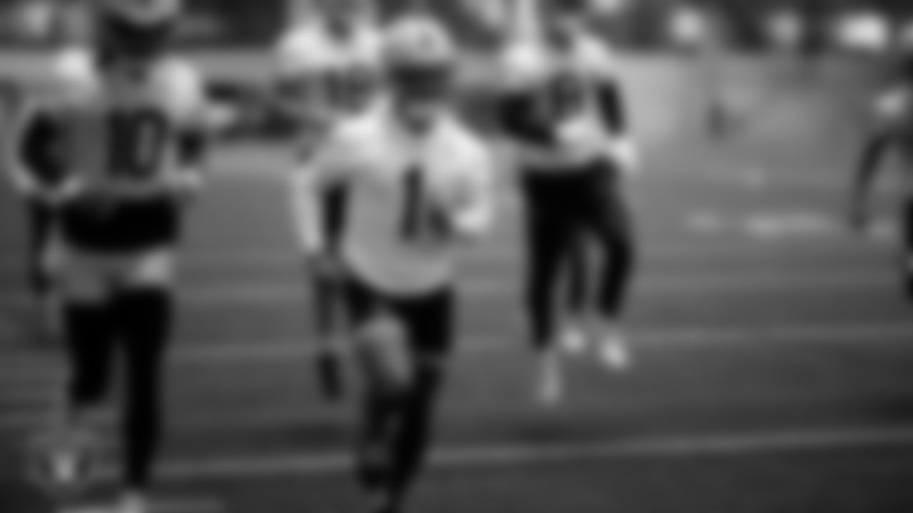 Las Vegas Raiders wide receiver Tre Tucker (1) at an Organized Team Activity (OTA) at Intermountain Health Performance Center.