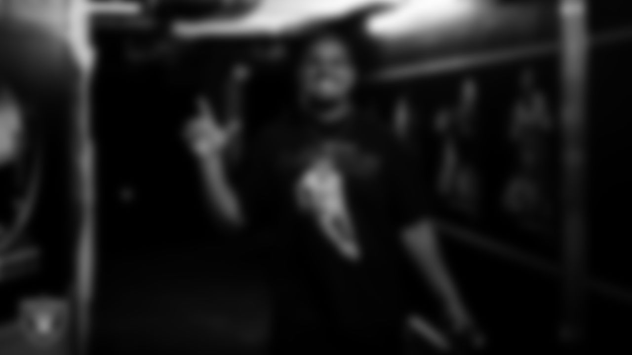 Las Vegas Raiders guard Caleb Rogers (76) arrives to the regular season home game against the Denver Broncos at Allegiant Stadium.