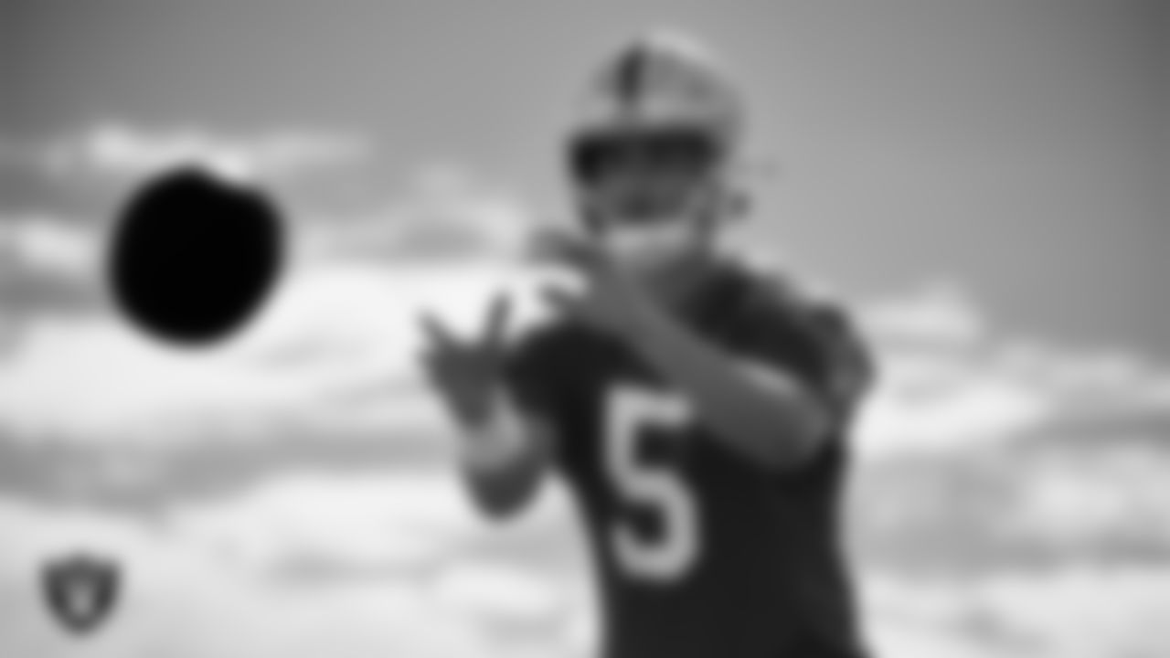 Las Vegas Raiders quarterback Cam Miller (5) during practice at Intermountain Health Performance Center.