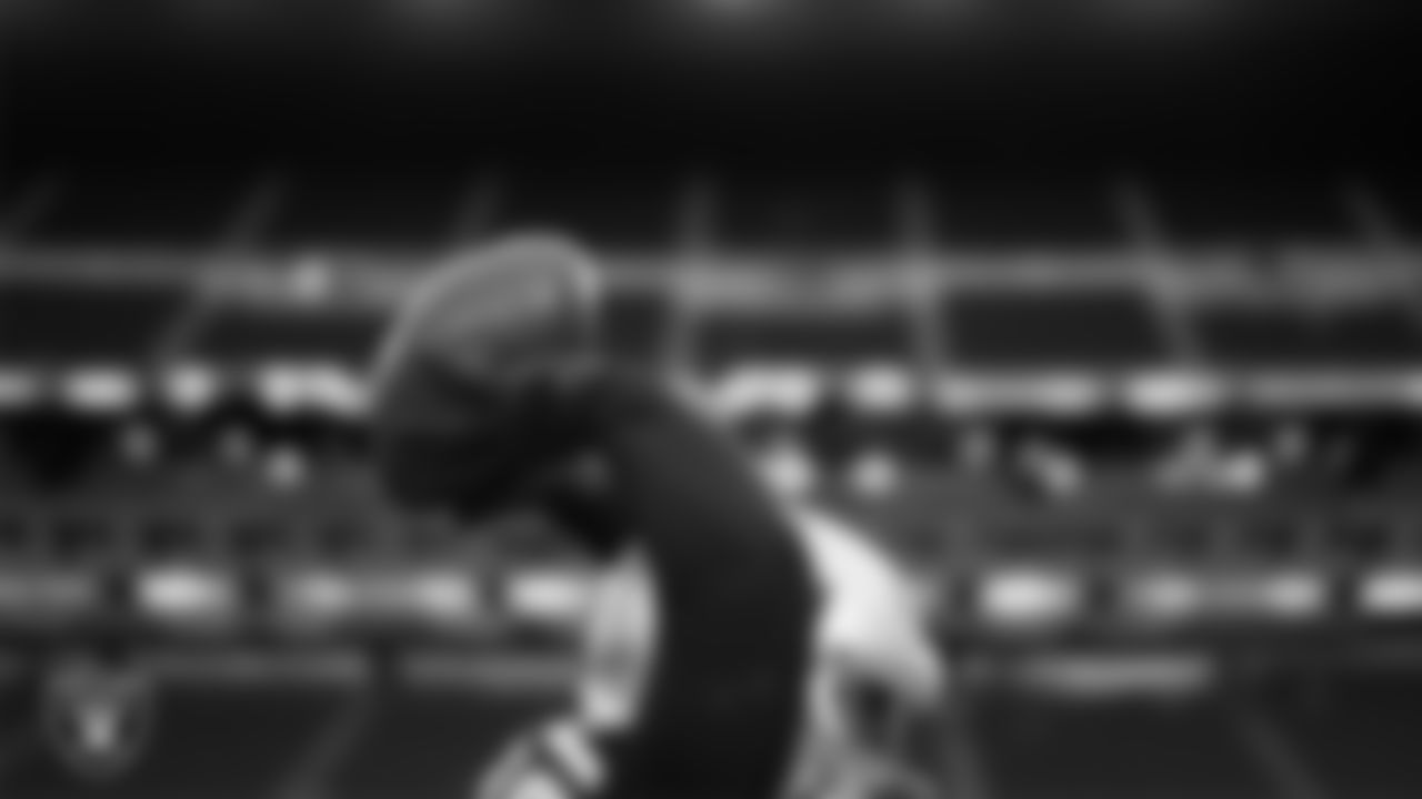 Las Vegas Raiders long snapper Jacob Bobenmoyer (50) warming up before the regular season home game against the Cleveland Browns at Allegiant Stadium.